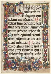 Blad fra en psalter med full kant med medaljongbebudelse, SS. Jerome, Clare..., 1475.