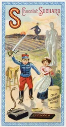 Bokstav S: sol, såing, såmann, tjener, forvirring, soldat, sverd, sal, slange, statue, hov, veske. Gravering av alfabetet redigert av Chocolat Suchard, begynnelsen av det 20. århundre. 24 kromolitografier som representerer steder, karakterer og objekter ti