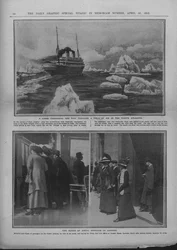 Liner i et isfelt, og folk som venter på nyheter om Titanic-katastrofen, 20. april 1912.
