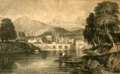 Llangollen Bridge, Castle Dinas Bran, ved elven Dee: North Wales, 1800-tallet.