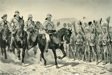 Lord Roberts jublet av troppene da han ankom Wonder RIver, 1901.