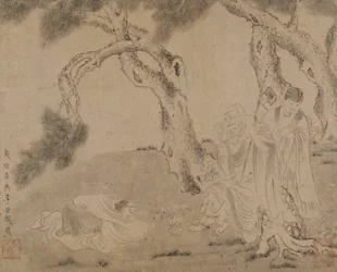 Luohan, ledsager og tilbeder under furutrær, Yuan- eller Ming-dynastiet, 1279-1644.