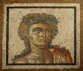 Lyon, Auvergne-regionen, Rhone-Alpes, Rhone-avdelingen. 69 000 Bacchus-Dionysos mosaikk. Vårdetalj