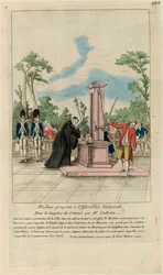 Maskin foreslått for Nasjonalforsamlingen av herr Guillotin til henrettelse av forbrytere, ca. 1790.