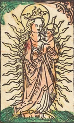Madonna og barn i en herlighet som står på en halvmåne, 14701480.