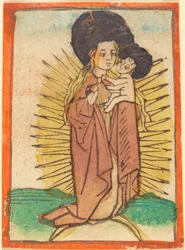 Madonna og barn i en herlighet som står på en halvmåne, ca. 1470.