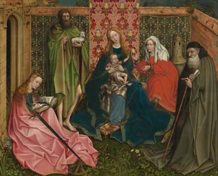 Madonna og barn med hellige i den lukkede hagen, ca. 14401460.