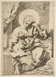 Madonna og barn med en fugl, kopi i revers etter Cantarini, ca. 1635-1636 eller senere.