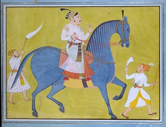 Maharaja Pratap Singh fra Sawar rider, med to ledsagere til fots, c1700