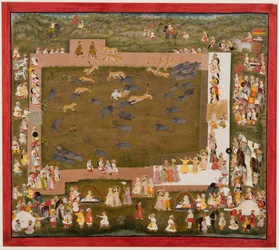 Maharaja Sangram Singh og hoffet hans observerer en kamp mellom tigre og villsvin ved Sadri, ca. 1720.