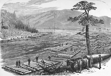 Lage flåter på Susquehanna-elven. En scene på linjen til Erie Railroad, 1883