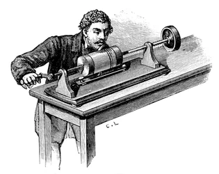 Gjør opptak på den første modellen av Thomas Edisons Phonograph, c1878