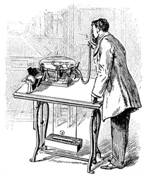 Gjør opptak på Emile Berliners grammofon, c1887
