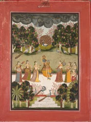 Malar Ragini: Krishna spiller fløyte til Seven Gopis som holder musikkinstrumenter..., ca. 1760.