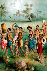 Mannlige, kvinnelige og barnefanger drevet til slaveri av arabiske slavehandlere, ca 1875
