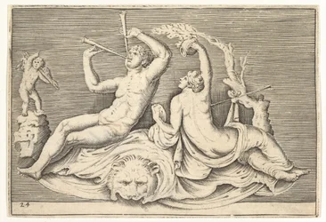 Mann som spiller to fløyter og kvinne på løveskinn, utgitt ca. 1599-1622.