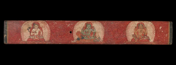 Manuskriptomslag med Vishnu flankert av Lakshmi og Sarasvati, 1300-tallet.