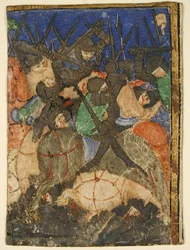 Manuskriptutskjæring som viser en scene fra den hebraiske skriften, ... kong Davids liv, ca. 1400.