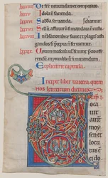 Manuskriptbelysning med initial V, fra en bibel, ca. 1175-95.