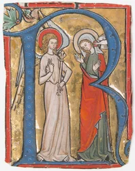 Manuskriptbelysning med kunngjøringen i en initial R, fra en Gradual, ca. 1300.