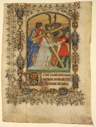 Manuskriptblad fra en timebok... Opplyst initial D og Kristus som bærer korset, 1390-140