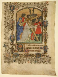 Manuskriptblad fra en timebok som viser en opplyst initial D og Kristus..., 1390-1400.