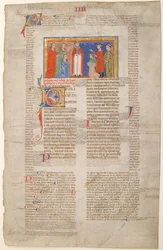 Manuskriptblad med ekteskapsscene, fra Decretals of Gregory IX, ca. 1300.