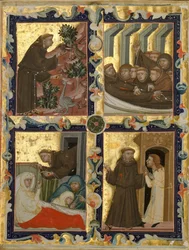 Manuskriptblad med scener fra livet til den hellige Frans av Assisi, italiensk, ca. 1320-42.