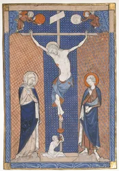 Manuskriptblad med korsfestelsen, fra et missal, fransk, ca. 1270-80.