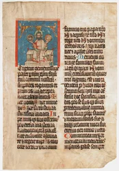 Manuskriptblad med den hellige treenighet i en innledende T, fra et missal, ca. 1390.