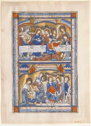 Manuskriptblad med nattverd og vasking av apostlenes føtter Blad..., ca. 1250-70.