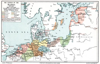 Kart over Hansaforbundets utbredelse omkring 1400