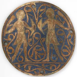 Medaljong med to unge krigere med Falchions og Bucklers, fransk, ca. 1240-60.