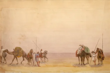 Menn med kameler og hester, en del av London til Hong Kong Panorama
