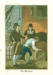 Kjøpmann og ekspeditøren hans ved kaien sjekker varer på et lager, 1823