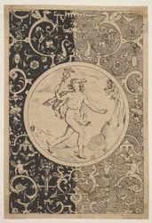 Kvikksølv i en dekorativ ramme med grotesker, ca. 1600-1630.