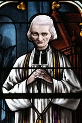 Mezilles kirke. Glassmaleri. Saint John Mary Vianney. Cure of Ars. Frankrike - Abbe Jean Marie Vianney (Vianey, Viannay, Wien), kjent som Cure d'Ars (1786-1859).