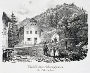 Saltgruve: Wolfdietrich-bygningen og utgangen fra gruven, i Durrnberg, Østerrike