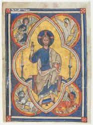 Miniatyr utskåret fra en psalter: Kristus i majestet med symboler for de fire evangelistene, ca. 1235.
