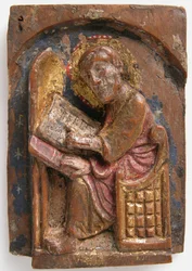 Miniatyrrelieff av en helgen Lukas ved hans skrivebord, 1200-1225.