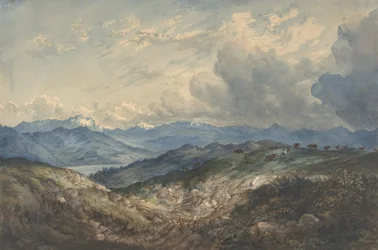 Fjelllandskap med tordenvær som nærmer seg, 1800-tallet.