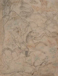 Montert jeger med hundeforfølgende viltfugler, 1500-tallet.