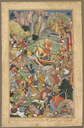Mughal-herskeren Humayun beseiret afghanerne før han gjenerobret India, folio fra en Akbar-nama-bok