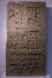 Indias nasjonalmuseum, Delhi. Scener fra Buddhas liv. Ikshvaku, 3. århundre e.Kr. Nagarjunakonda, Andhra Pradesh. Gråaktig kalkstein. Detalj. India.
