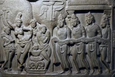 Indias nasjonalmuseum, Delhi. Scener fra Buddhas liv. Ikshvaku, 3. århundre e.Kr. Nagarjunakonda, Andhra Pradesh. Gråaktig kalkstein. Detalj. India.