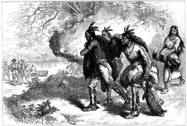 Indianere som bringer beverskinn til europeiske handelsmenn, 1600-tallet c1880