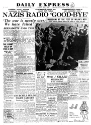 Nazistene sier farvel på radioen, forsiden av Daily Express, 1. mai 1945