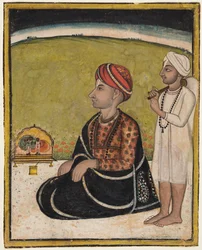 Noble som sitter på en utendørs brystning og tilber en helligdom av Krishna-fluting, ca. 1800.