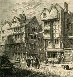 Gamle hus som tidligere sto i Butchers Row, rundt 1800, 1881.