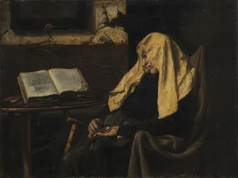 Gammel kvinne sover, midten av 1800-tallet.